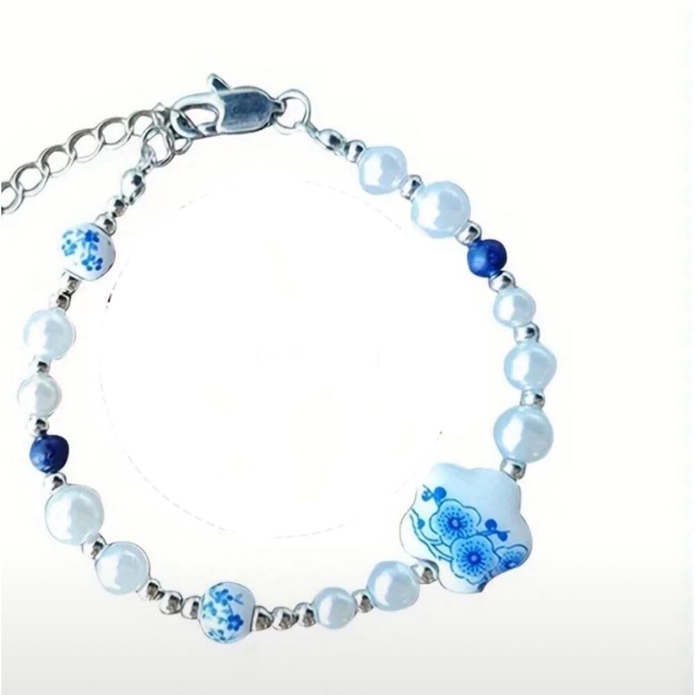 Chinoiserie Pearl Bead Silver Bracelet